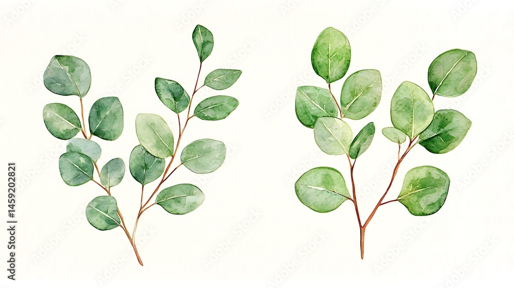 Obraz premium Watercolor Eucalyptus Branches Greenery Sprigs Botanical Illustration Floral Design Elements