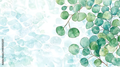 Watercolor Eucalyptus Leaves on Abstract Light Blue Background Botanical Illustration Greenery