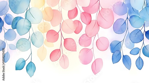 Pastel Watercolor Eucalyptus Leaves Seamless Border Soft Pink Blue Yellow Floral Design