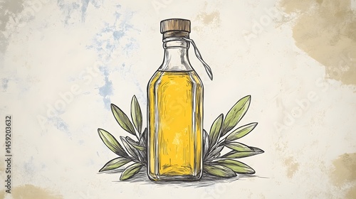 Hand-drawn illustration of a bottle of olive oil with leaves.