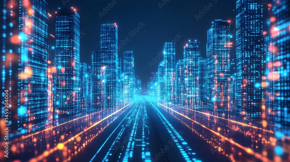 Obraz premium Futuristic city at night with digital glow