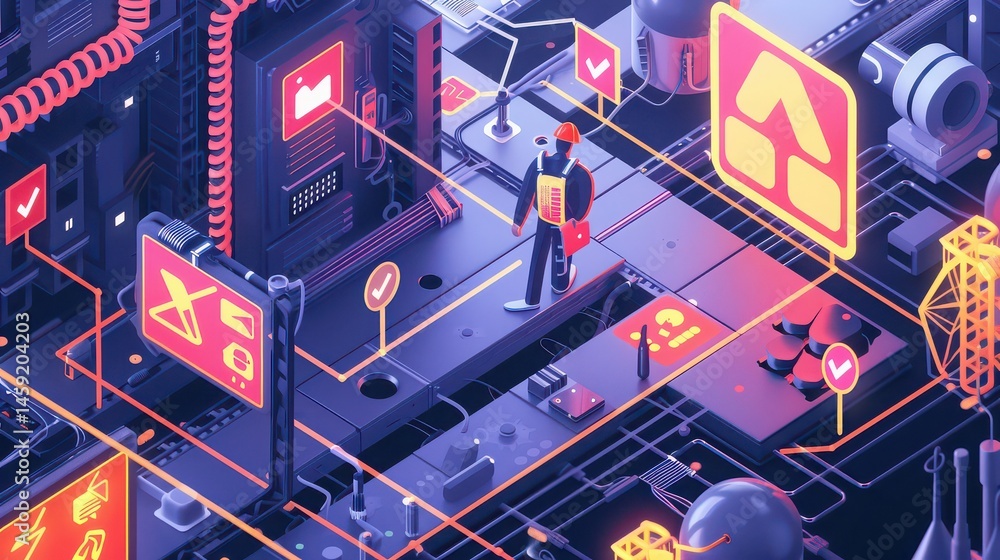 Isometric illustration of a worker in a complex system with various signs and electrical components Isometric illustration of a worker in a complex system with various signs and electrical components