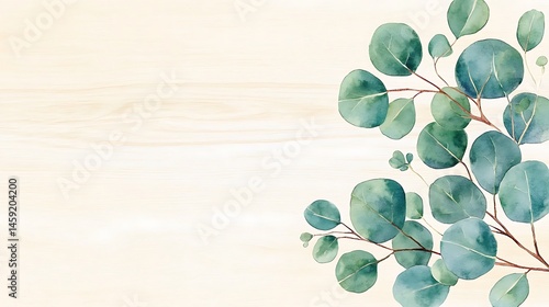 Watercolor Eucalyptus Leaves on Light Wooden Background Botanical Illustration Greenery Design