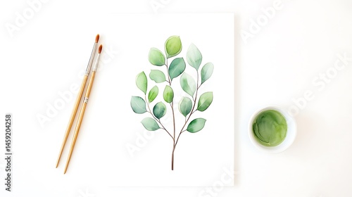 Watercolor Painting of Eucalyptus Branch Green Leaves Art Supplies Flat Lay