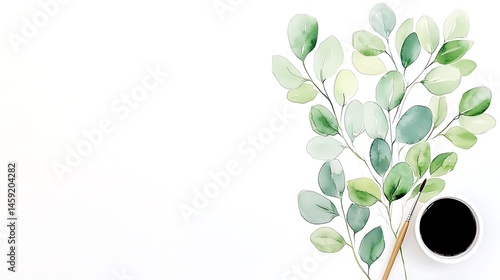 Watercolor Painting of Eucalyptus Leaves with Paintbrush and Inkwell Artistic Botanical Illustration