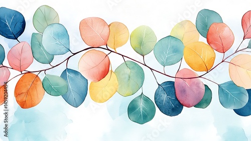 Watercolor Eucalyptus Branch with Pastel Rainbow Leaves Botanical Illustration Nature Art