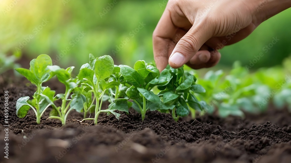 A hand gently touches vibrant green seedlings sprouting from dark soil, showcasing early growth and agricultural care in a lush outdoor garden setting. : Generative AI A hand gently touches vibrant green seedlings sprouting from dark soil, showcasing early growth and agricultural care in a lush outdoor garden setting. : Generative AI