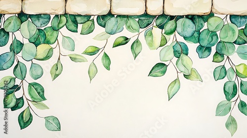 Watercolor Painting of Eucalyptus Leaves Hanging Over Stone Wall Botanical Illustration Greenery