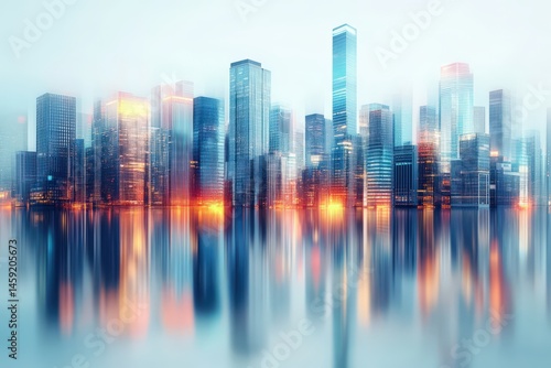 Cityscape reflection with illuminated buildings and a soft, hazy atmosphere