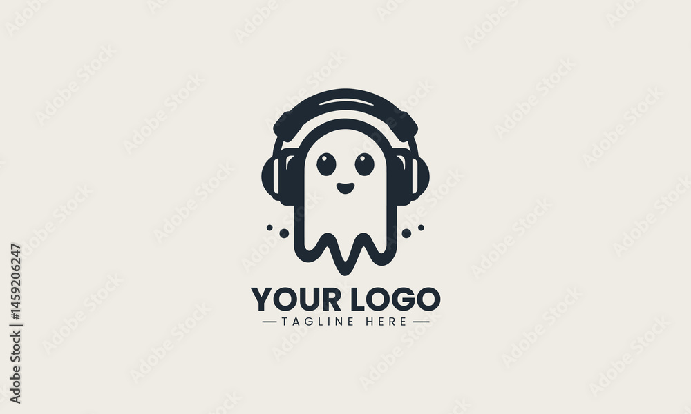 Vector logo of simple cartoon ghost with headphones in playful minimalist illustration style Vector logo of simple cartoon ghost with headphones in playful minimalist illustration style