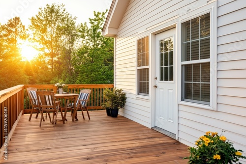 Fototapeta Naklejka Na Ścianę i Meble -  Wooden deck with outdoor dining set bathed in warm sunset light