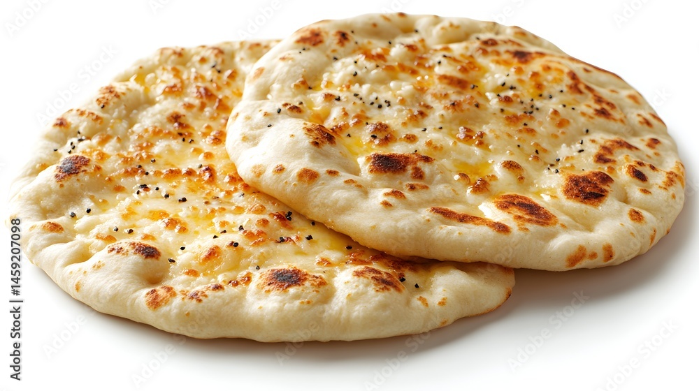 Two golden brown naan breads freshly baked with melted butter and poppy seeds rest on a white background. Two golden brown naan breads freshly baked with melted butter and poppy seeds rest on a white background.