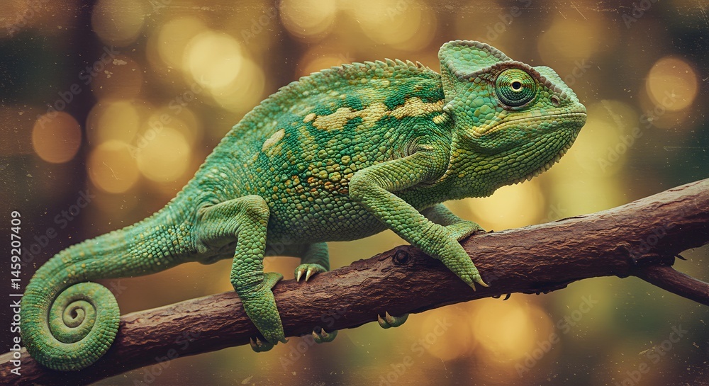 Obraz premium Boldly painted chameleon perched on a tree limb in vintage oil style with earthy tones