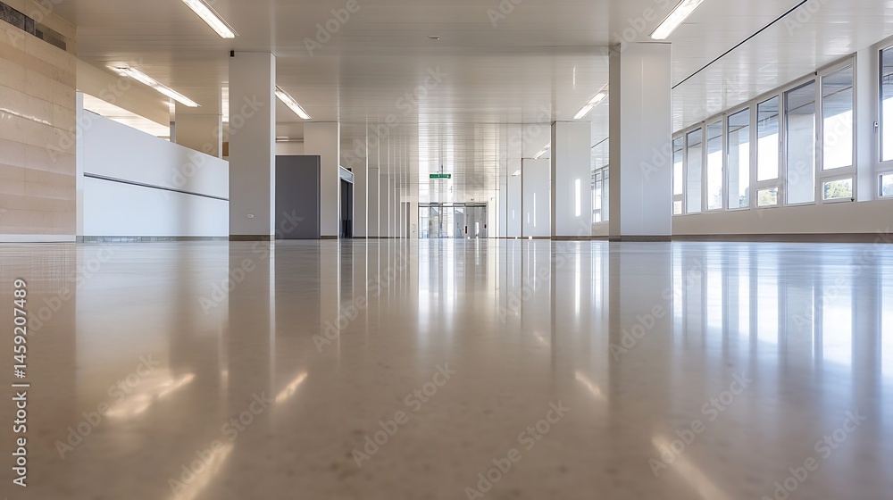 Obraz premium Empty modern office corridor with polished floor reflecting light and windows, showcasing clean minimalist architecture and design. : Generative AI