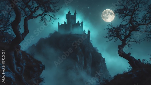 Castle on mountain at night with full moon