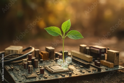 Obraz na płótnie Green plant grows from dusty motherboard in warm light. AI-generated w salonie