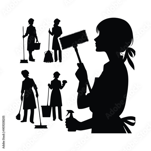 black and white vector illustration set of woman housemaid or housekeeper doing her jobs. sweep, mop