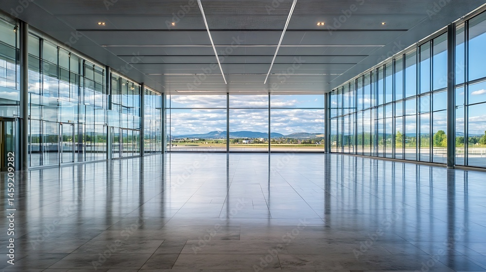 Modern airport terminal interior with expansive glass walls offering a panoramic view of a runway and distant mountains under a partly cloudy sky. : Generative AI Modern airport terminal interior with expansive glass walls offering a panoramic view of a runway and distant mountains under a partly cloudy sky. : Generative AI
