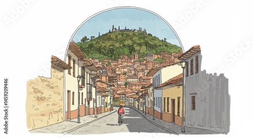 Colorful Bogotá: Monserrate Hill and Candelaria Districts Line Drawing