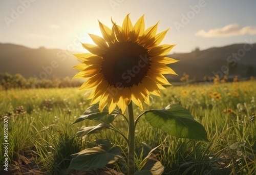 Single sunflower facing sun, long shadows, grassy meadow, setting sun backdrop,  plant,  stem,  leaf