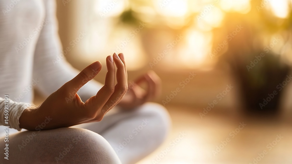 custom made wallpaper toronto digitalClose-up of woman's hands in gyan mudra, a yoga meditation pose, bathed in warm, golden sunlight streaming through a window. : Generative AI