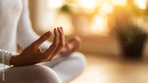 Wallpaper Mural Close-up of woman's hands in gyan mudra, a yoga meditation pose, bathed in warm, golden sunlight streaming through a window. : Generative AI Torontodigital.ca