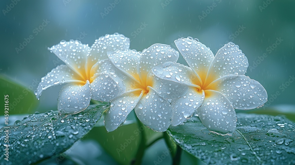 Fototapeta premium Delicate white plumeria flowers with water droplets