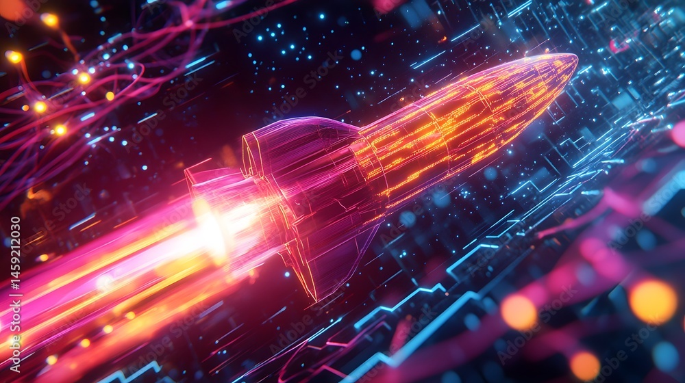 Neon Rocket Streaking Through Digital Space for Technological Advancement Neon Rocket Streaking Through Digital Space for Technological Advancement