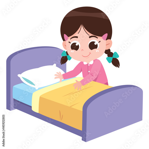 Cartoon Girl Making Her Bed

