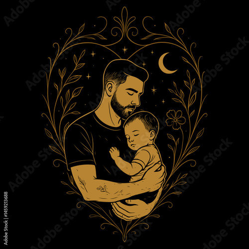 Vater hält Baby im Arm. Emotionale Vektorgrafik mit floralem, ornamentalen Rahmen. Modernes, symbolisches Design ideal für Vatertagsprojekte, Familienillustrationen oder Geschenkideen für Papas.