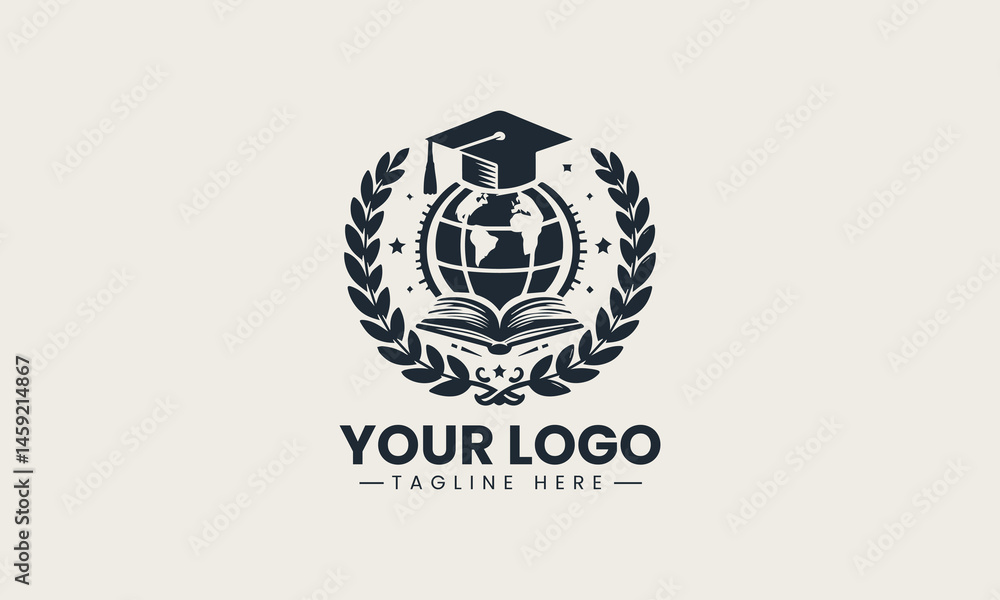 Vector logo of graduation cap on globe with laurel wreath and open book symbolizing academic knowledge Vector logo of graduation cap on globe with laurel wreath and open book symbolizing academic knowledge