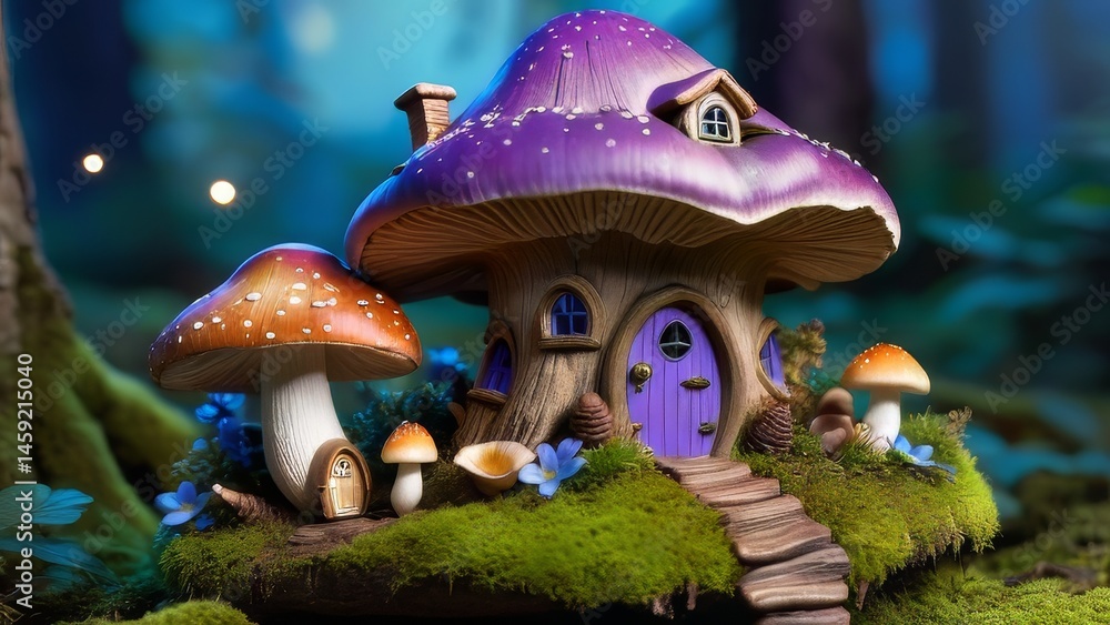 A purple mushroom house with a blue door sits on a mossy ground. The house is surrounded by mushrooms and flowers, creating a whimsical and magical atmosphere A purple mushroom house with a blue door sits on a mossy ground. The house is surrounded by mushrooms and flowers, creating a whimsical and magical atmosphere