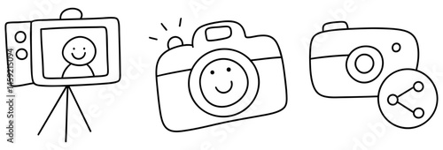 These playful illustrations showcase camera, snapshot, and sharing icon, capturing joy of photography