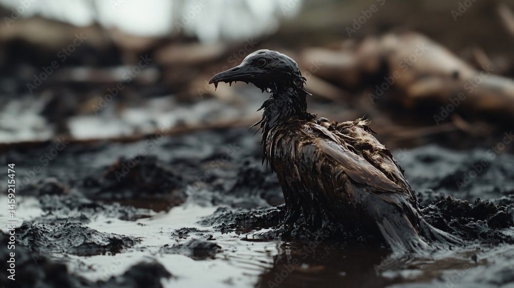 Obraz premium Environmental crisis oil-soaked bird struggles in polluted marshland nature photography gloomy atmosphere close-up shot