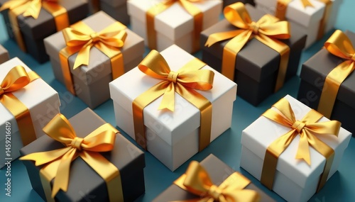 Elegant gold ribbon tied gift boxes, repeating pattern, textile, image