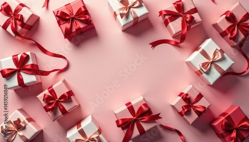 Elegant repeating pattern of tied gift boxes, ribbons, bows , green, gold