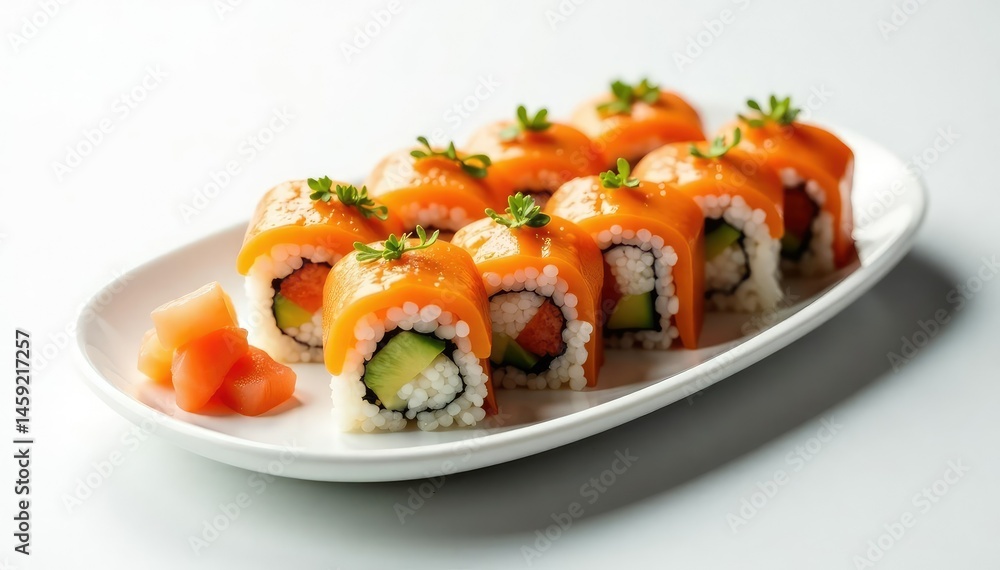 Elegant sushi arrangement on white background, dining, izakaya Elegant sushi arrangement on white background, dining, izakaya