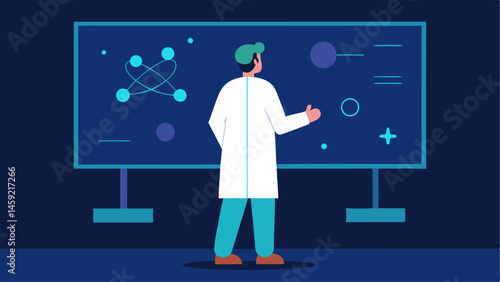 Experimentation A researcher wearing a lab coat observing realtime results from experiments displayed on a large screen with quantum algorithms processing data behind them.