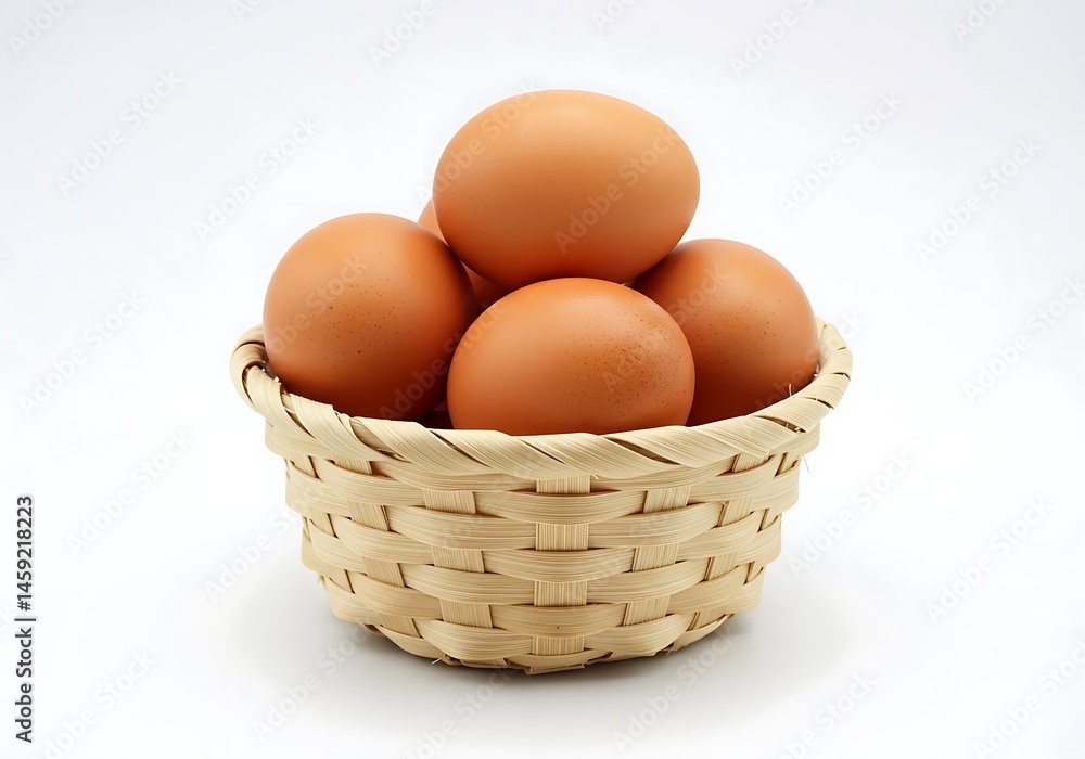 Fresh brown eggs resting comfortably inside a woven basket on a pure white background Fresh brown eggs resting comfortably inside a woven basket on a pure white background