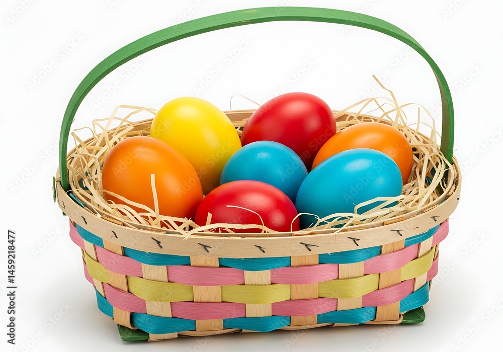 A colorful easter basket filled with painted eggs on a white background A colorful easter basket filled with painted eggs on a white background