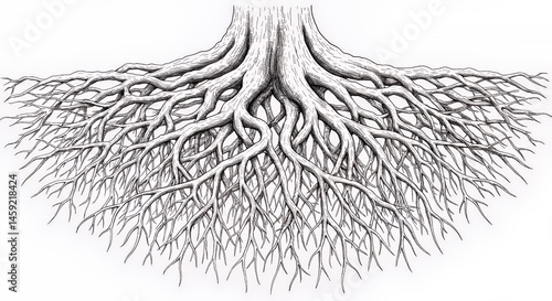 Intricate Tree Roots: A Black and White Illustration of Extensive Root System