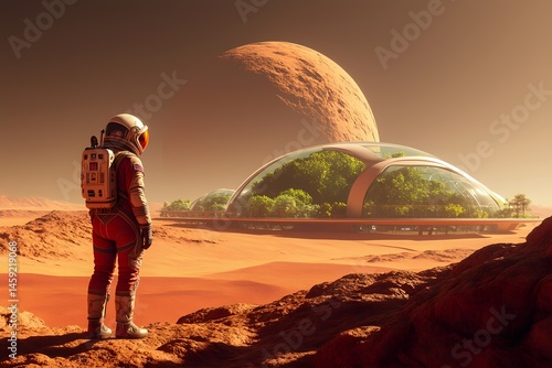 Exploration of an advanced Martian colony with a spacesuited figure overlooking futuristic architecture at twilight