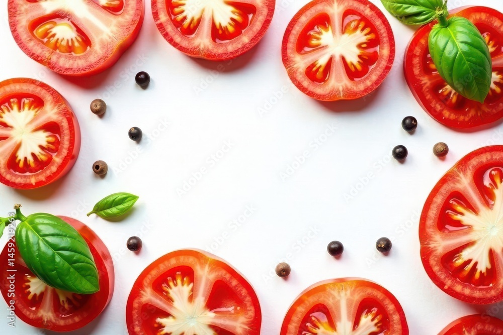 Fototapeta premium Juicy tomato slices, fresh basil, peppercorns White background , ingredient, summer