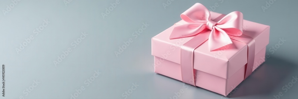 Obraz premium Pastel pink gift box, tied with a delicate pink silk ribbon bow Grey surface , giftwrap, ribbon