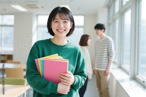 Smiling Asian Student Holding Colorful Notebooks In University Hallway Education Concept