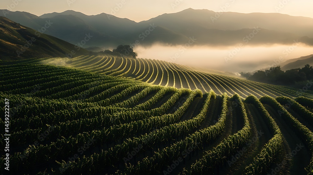 Fototapeta premium Rolling green fields and hills under soft sunlight