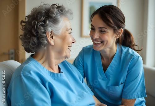 Wallpaper Mural A 75 year old white woman with curly gray hair, assisted by a 30 year old white woman with curly brown hair wearing a blue uniform, in a hospital Torontodigital.ca