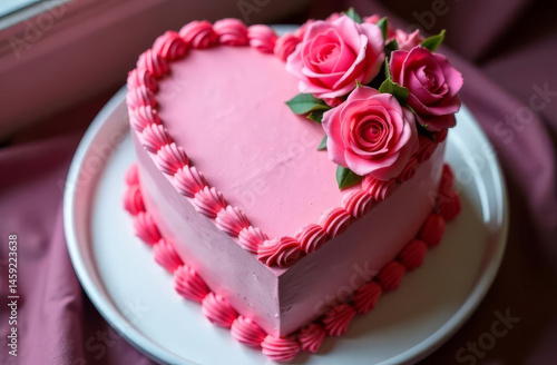 Pink heart-shaped cake decorated with roses. Heart-shaped wedding cake. Valentine's Day cake.
