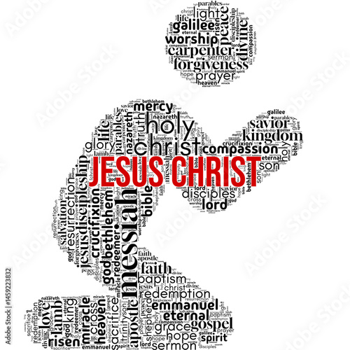 Word cloud centered on "Jesus Christ", featuring terms about faith, love, salvation, and Christianity. Perfect for religious visuals, spiritual designs, and Christian-themed conten