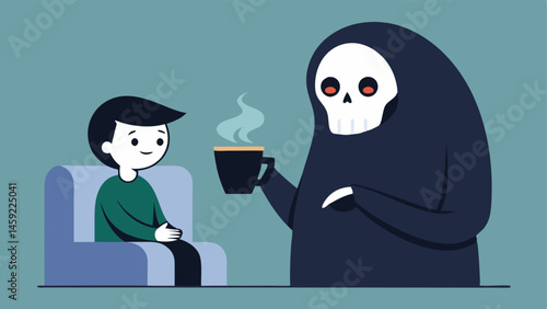 Serving with a Smile The Reaper is handing a freshly brewed cup of coffee to a customer. His bony fingers gracefully hold the cup as he flashes a subtle ghostly smile. The customer